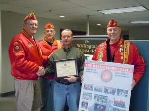 Mike Goepfert receiving an award for helping Connecticut Marine Corps League, Hardware City Detachment #781, Charitable Rose Program.