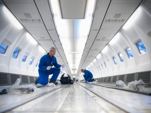 Aerospace employee working inside airplane fuselage