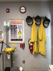 safety PPE, sign, fire extinguisher and wash station
